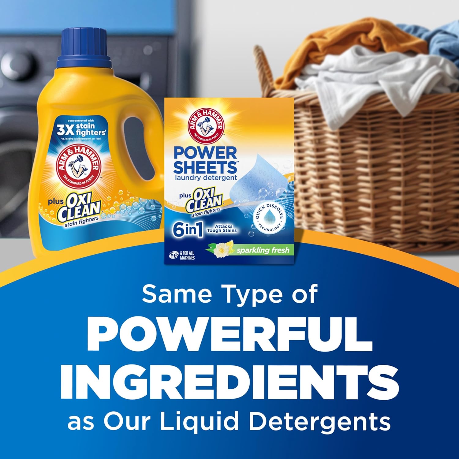 ARM & HAMMER Power Sheets Laundry Detergent Plus OxiClean Stain Fighters, 6in1, Sparkling Fresh Scent, 42 Count, 84 Medium Loads - Image 6