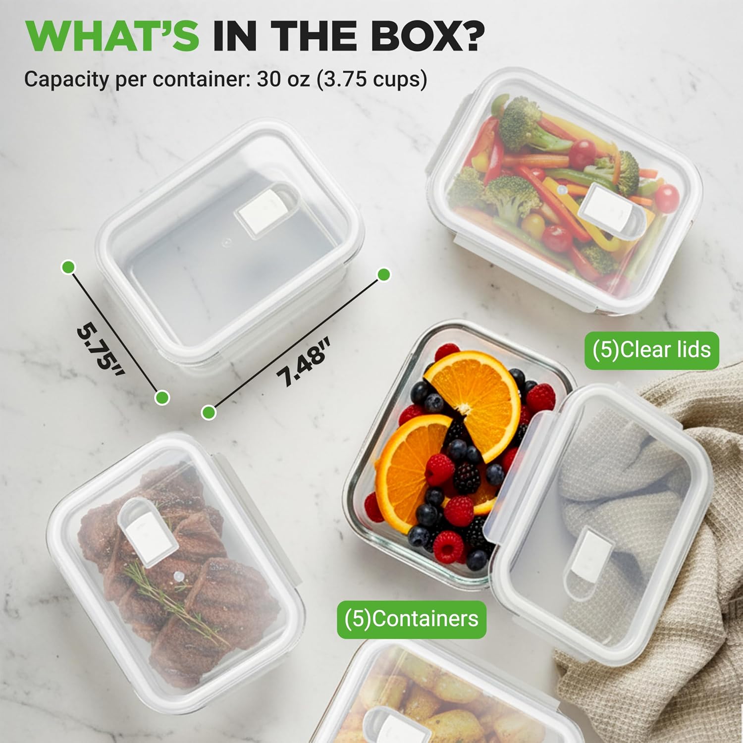 NutriChef 10-Piece Superior Glass Food Storage Containers Set (5 Containers + 5 Locking Lids),Stackable Meal-prep Design, BPA-free Airtight Clear Locking lids with Vent Lids & Air Hole, NCCLX5 - Image 9