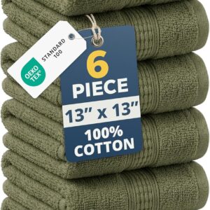LANE LINEN Wash Cloths – 100% Cotton 6 Pack Set – 13″x13″ Soft Surface, Reinforced Edges & Quick Drying – Highly Absorbent & Fade Resistant – Ideal for Salon, Spa & Hotel – Oil Green