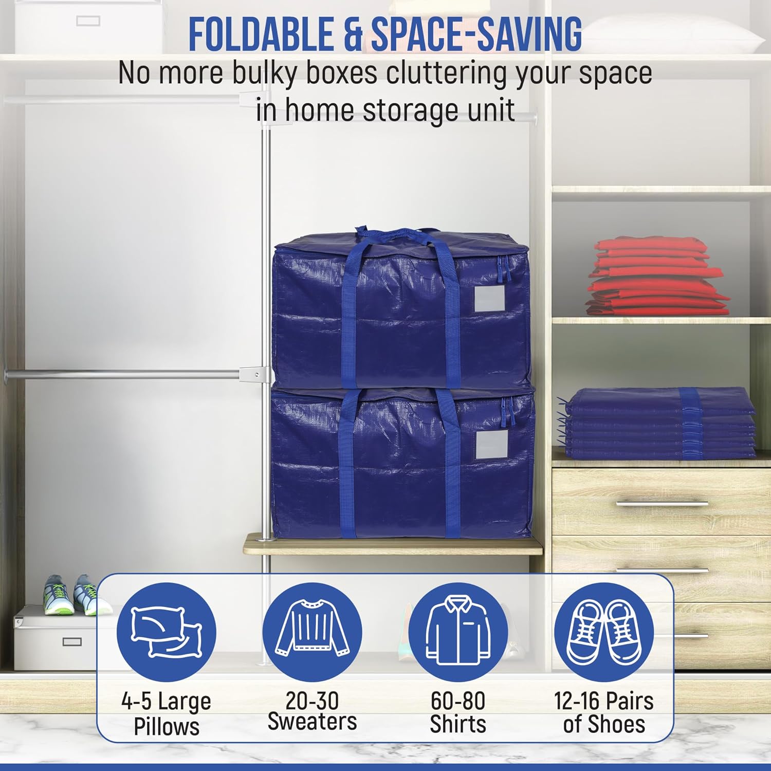 Heavy Duty Moving Bags 6 Pack, 90L Extra Large Storage Bags with Zipper & Handles, Waterproof Moving Box Alternative, Reusable Storage Bins for Clothes, Bedding, Dorm & Moving Supplies - Image 7