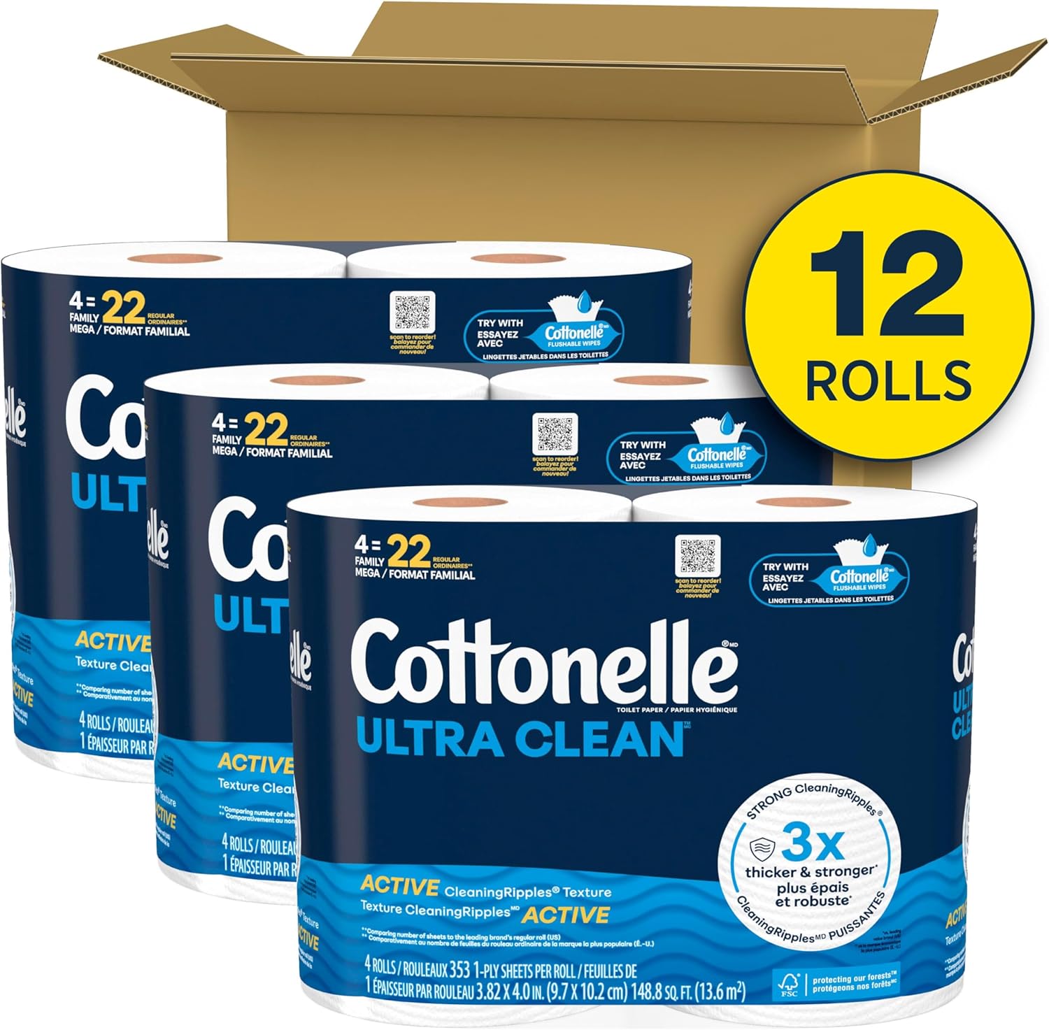 Cottonelle Ultra Clean Toilet Paper with Active CleaningRipples Texture, Strong Bath Tissue, 12 Family Mega Rolls = 66 Regular Rolls - Image 2