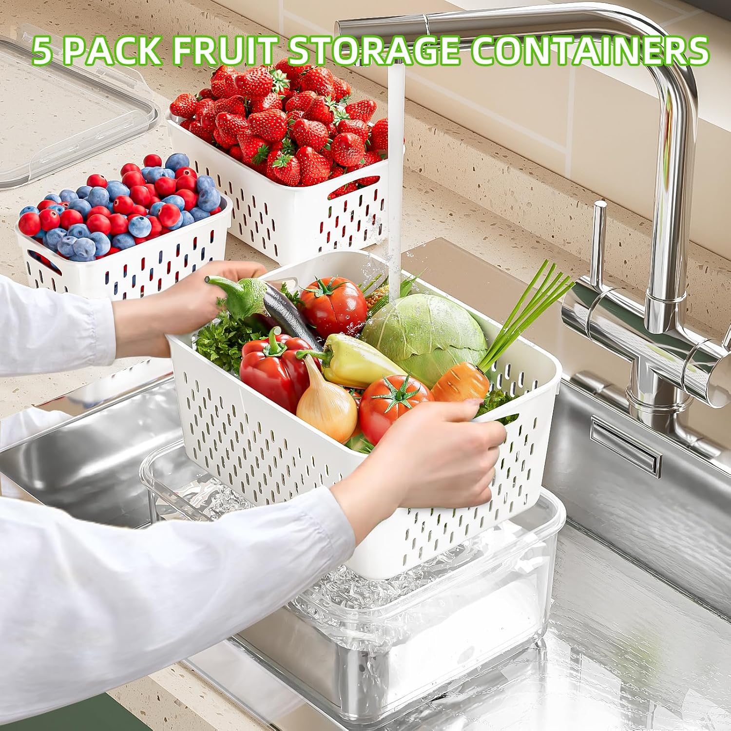 KEMETHY 5 Pack Fruit Storage Containers for Fridge with Removable Colanders - Food Storage Containers with Lids, BPA-Free Produce Containers Keep Fruits, Vegetables, Berry, Meat Fresh Longer - Image 3