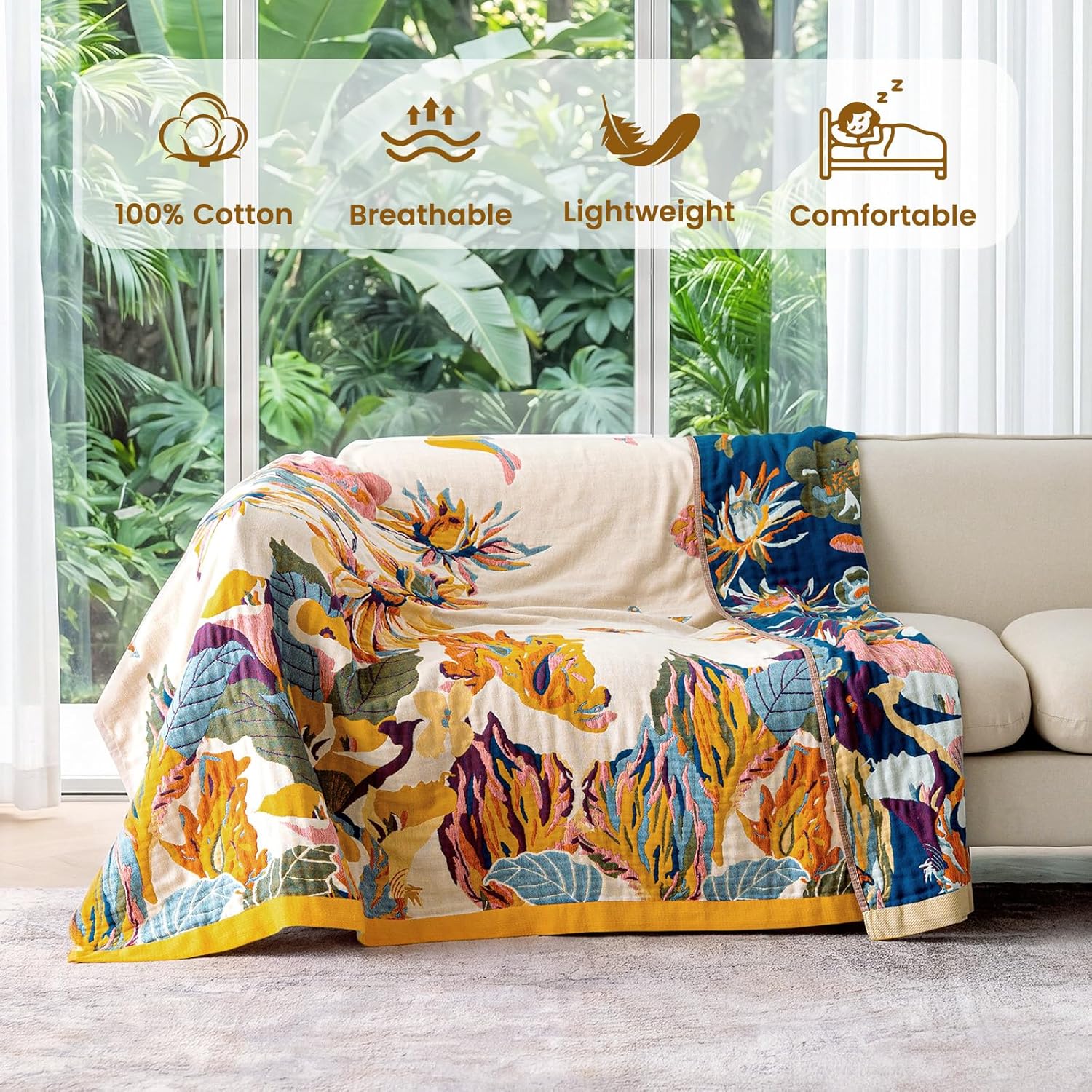 MSGKV Boho Throw Blanket 60''x80'',100% Cotton Blanket for Couch Bed, Summer Breathable Quilt Farmhouse Home Decor Soft Lightweight Picnic Blankets - Image 4