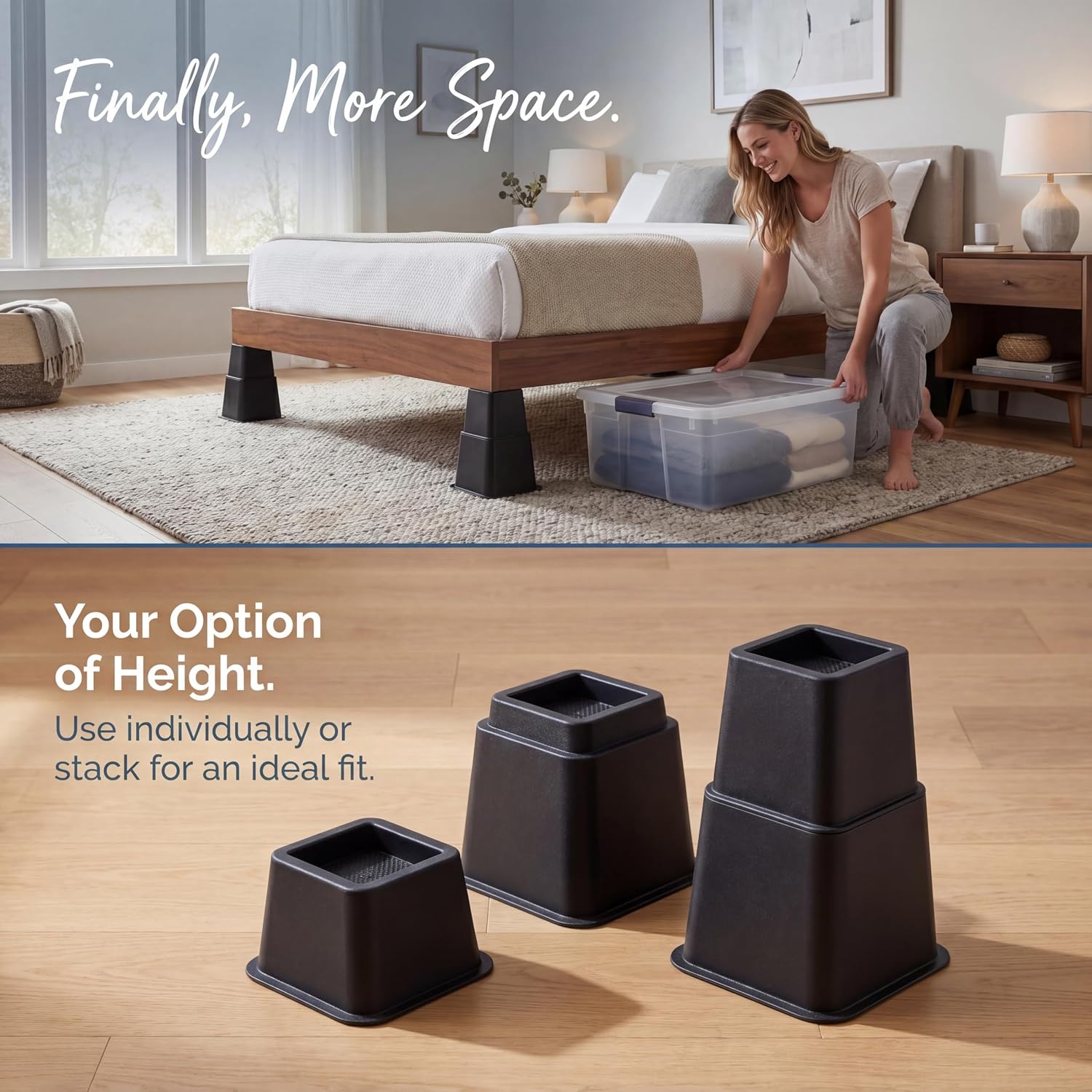 Bed Risers 8-Pack - Stackable Furniture Lifts for 3, 5 or 8 Inch Adjustable Height, 2200 Lbs Capacity Black Square Sofa and Desk Elevators for Under Bed Storage - Image 6