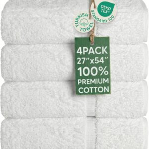 Chakir Turkish Linens 4 Piece Bath Towel Set, 100% Cotton Luxury Turkish Towels for Bathroom, Soft Absorbent Bath Towels, 27 x 54 Inches, White