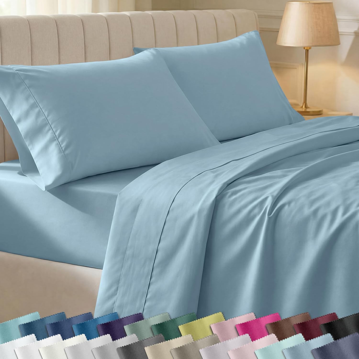 California Design Den Soft 100% Cotton Bed Sheets Queen Size Set, 400 Thread Count Good Housekeeping Award Winner, Silky Smooth Sateen Weave with Deep Pockets, Refined Queen Bed Sheet Set - Sky Blue - Image 2
