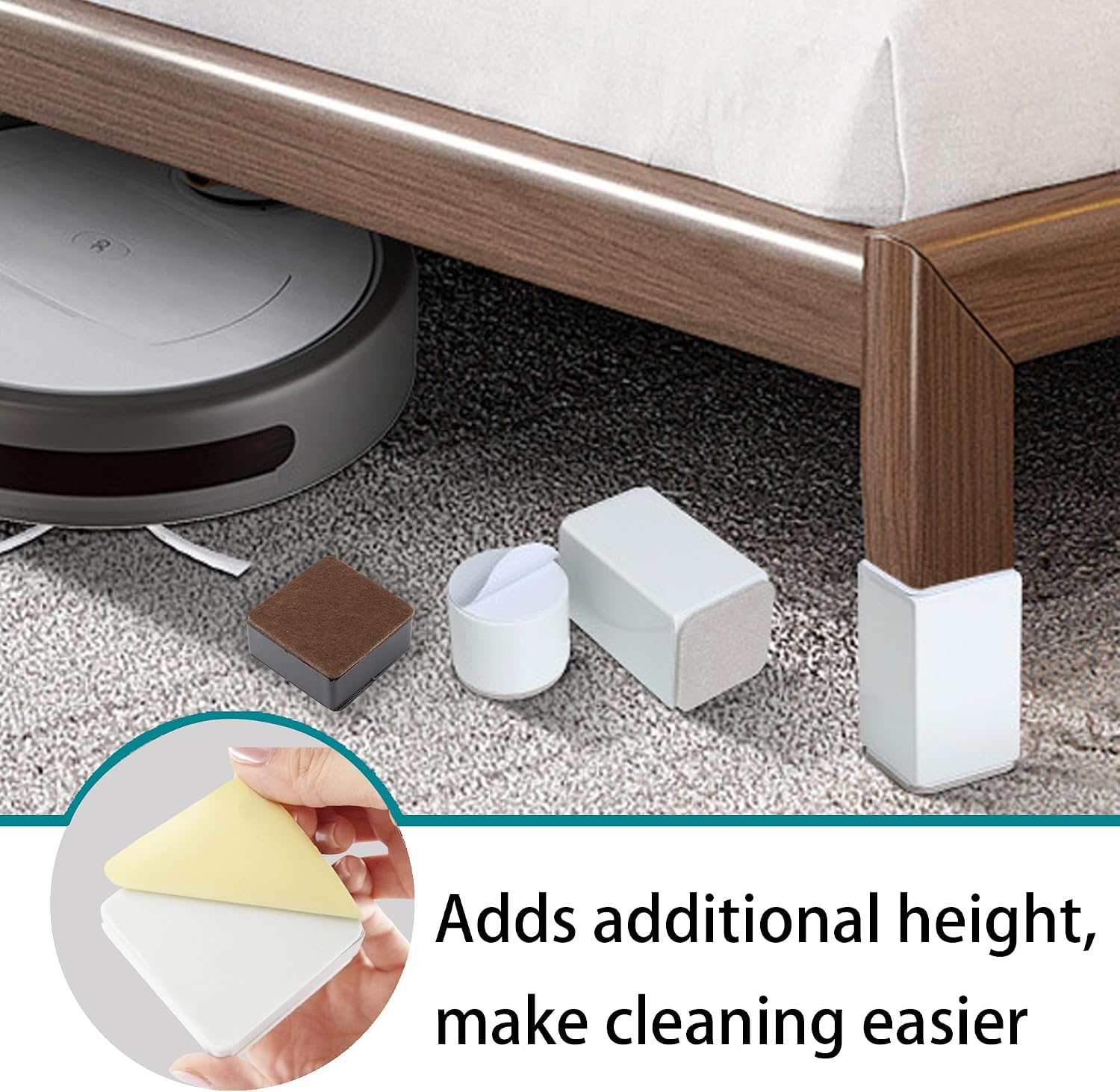1.2 Inch Self-Adhesive Furniture Riser, Square Carbon Steel Bed Table Sofa Lift Heavy Duty Bed Riser, Adds 1.2 Inch Height with Felt Pad (4Pcs/White) - Image 5