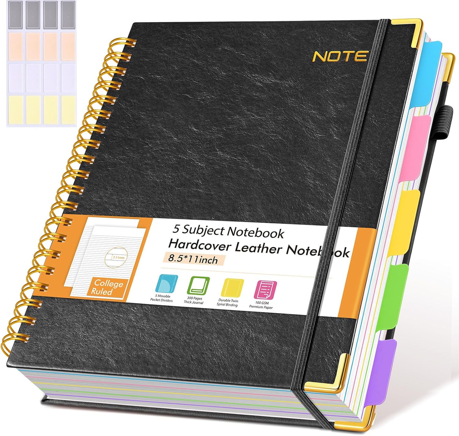 Hardcover Large Spiral Notebook 8.5" x 11" with Removable Dividers Tabs, 300 pages Leather 5 Subject Notebook College Ruled, A4 Journal for Women Men, Notebooks for Work School Note taking,Black - Image 2