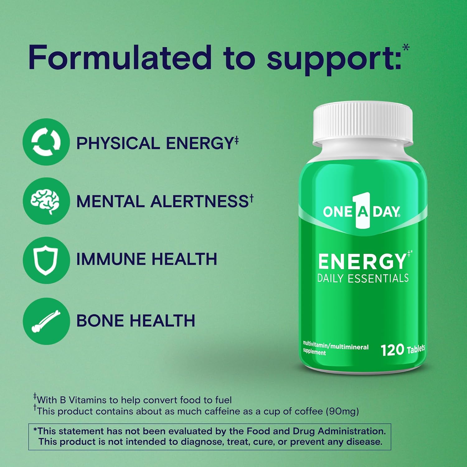 One A Day Energy Daily Essentials Multivitamin, Energy Supplement to Support Mental Alertness and Immune Health with Vitamins A C, D, E, Zinc and Caffeine, 120 Count - Image 4