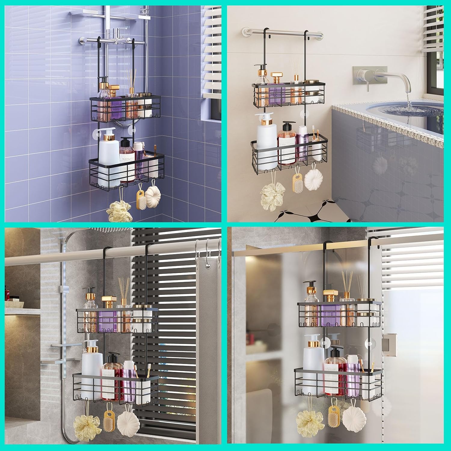 HapiRm Hanging Shower Caddy Organizer - No Drilling Shower Organizer with Hooks, Rustproof & Waterproof 304 Stainless Steel Bathroom Shelves - Black - Image 4