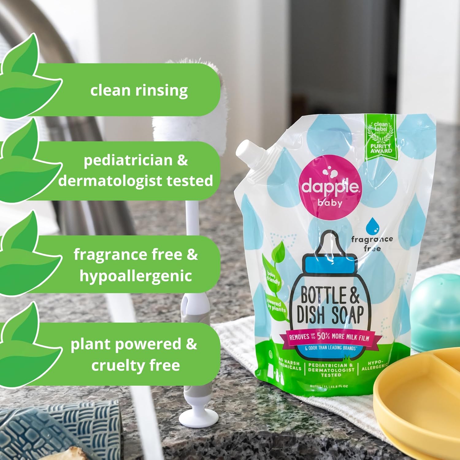 Dapple Baby Fragrance-Free Bottle & Dish Soap Refill Pouch - (2 Pack) 33.8 fl oz - Plant-Powered Cleaner for Baby Bottles, Pump Parts, and Sippy Cups - Image 5