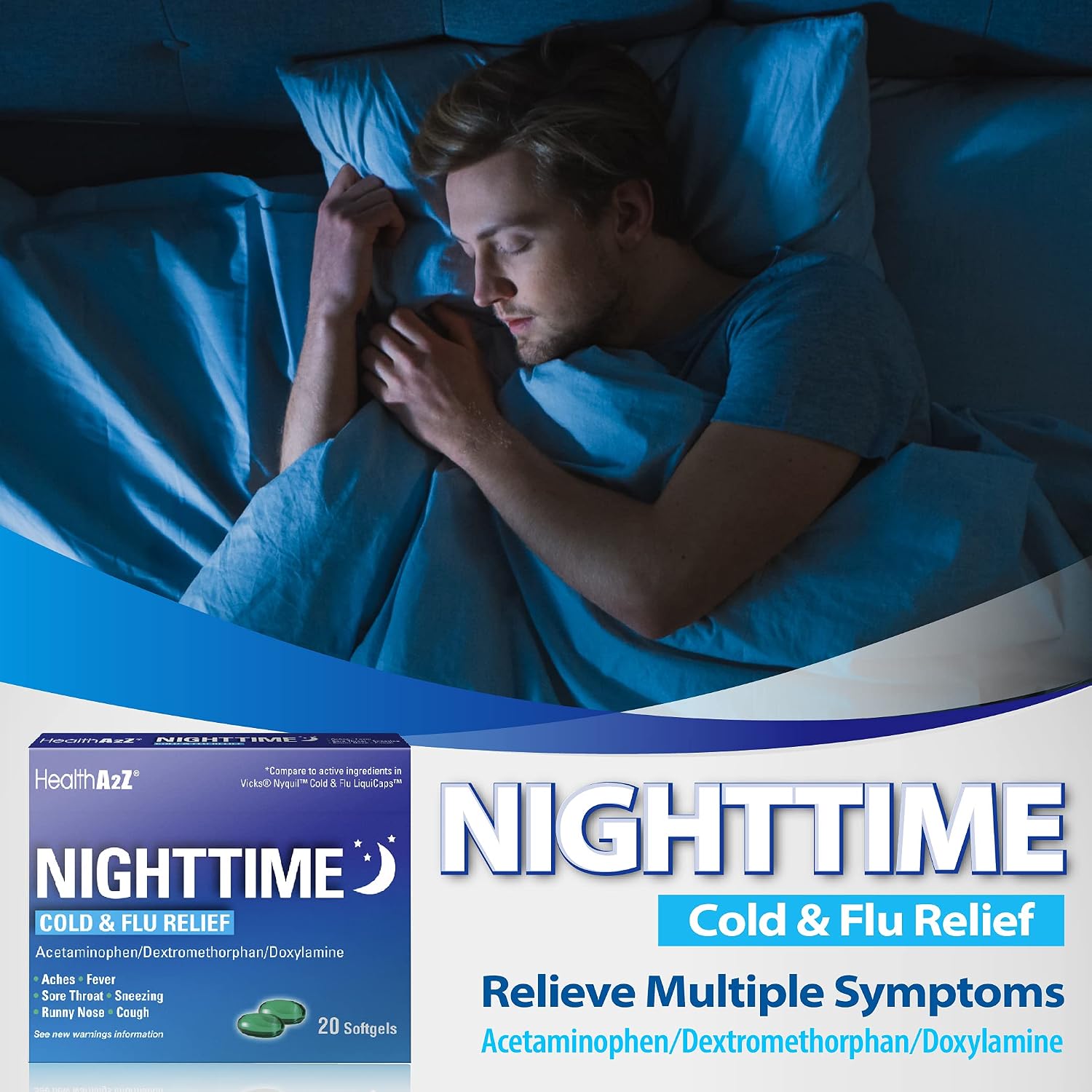 HealthA2Z® Nighttime, Cold & Flu Medicine, Powerful Multi-Symptom Daytime and Nighttime Relief (20 Softgels) - Image 4