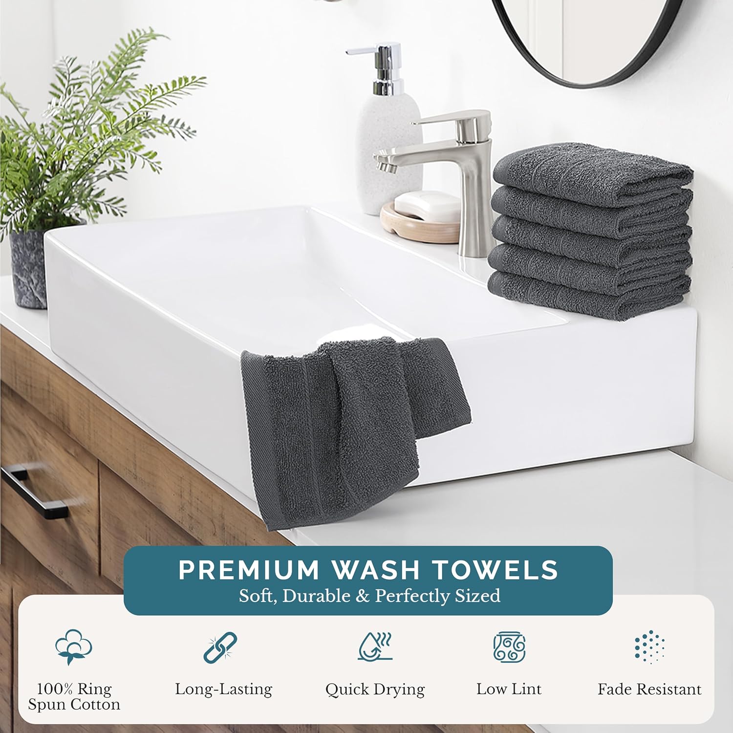 Casa Platino Wash Cloths Pack of 6-100% Cotton Washcloths for Daily use - 13"x13"- Soft, Gentle on Skin, Durable Stitching & Absorbent - Designed for Everyday Showers and Cleansing - Cool Grey - Image 2