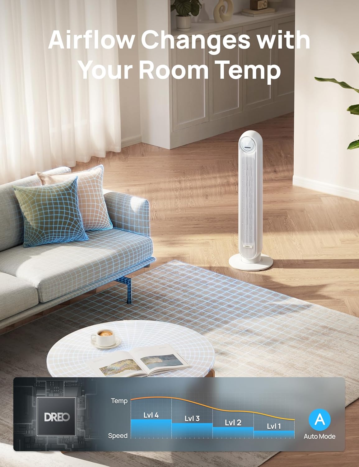 DREO Tower Fan for Bedroom, 25ft/s Smart Standing Fans, 90° Oscillating Floor Fan with 4 Modes, 4 Speeds, 8H Timer, 28dB, Bladeless, Remote, Works with WiFi Voice Control - Image 5