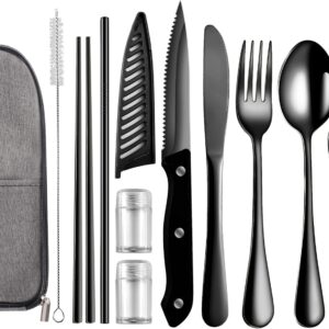 Logcow Travel Utensils with Case,Reusable Utensils,Portable Travel Camping Cutlery Set,Stainless Steel Flatware Set,Lunch Boxes Workplace Camping School Picnic (Black)