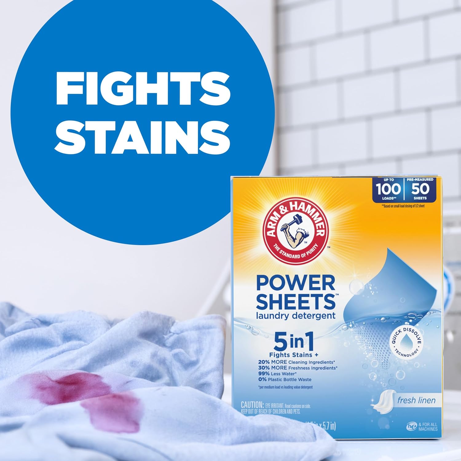 ARM & HAMMER 5-in-1 Power Sheets Laundry Detergent, Fresh Linen, 50 Count, up to 100 Small Loads - Image 4