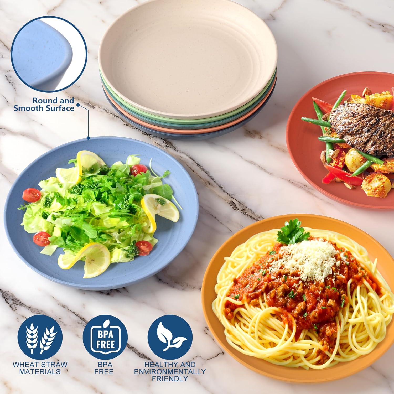 HOTEC 8-Pack 8inch BPA Free Unbreakable Deep Plastic Plates, Wheat Straw Camping Plates Dishwasher Safe Kitchen Plates Dinnerware Multicolor - Image 4