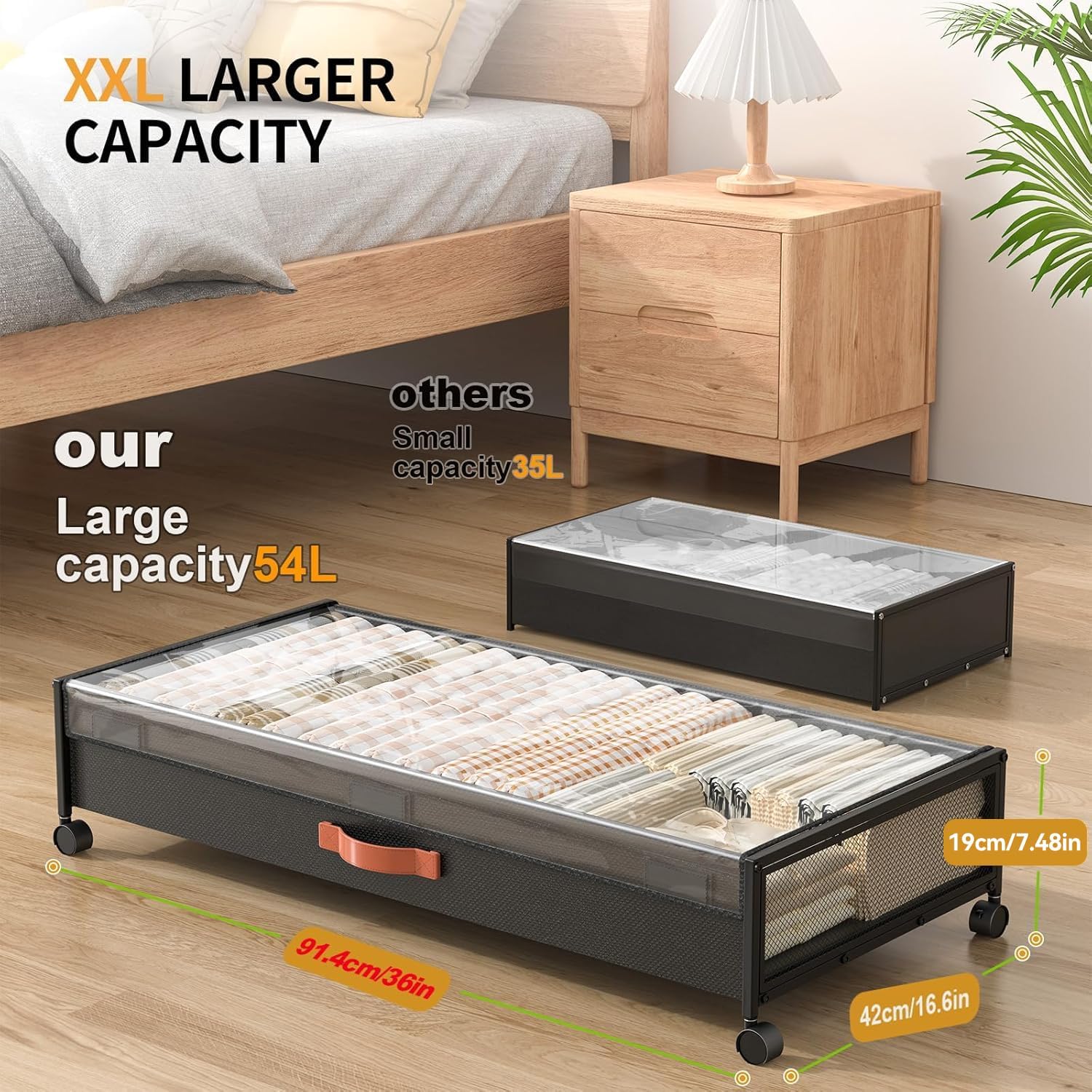 Under Bed Storage Containers with Wheels Large Underbed Shoes Blankets Clothes Toy Storage Drawers for College Dorms Bedrooms Nursery Rooms Organization (Black 2 Pack, 7.5in height(36"x16.6"x7.48")) - Image 3