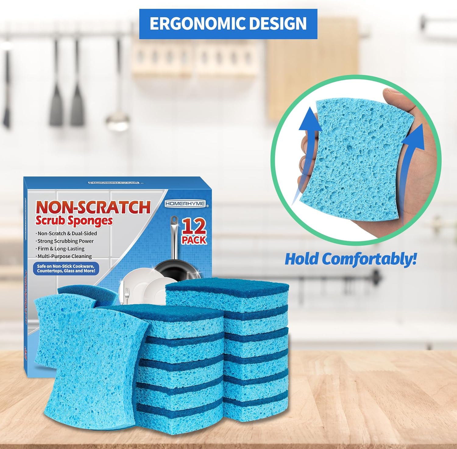 Non-Scratch Cellulose Scrub Sponges 12 Pack, Sponges Kitchen with Double-Side & Ergonomic Design for Dishes, Coated Cookware, Sink & Countertops. - Image 8