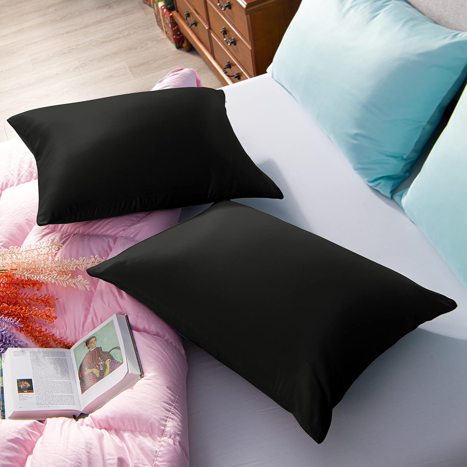 NTBAY Zippered Satin Pillow Cases for Hair and Skin, Luxury King Hidden Zipper Pillowcases Set of 2, 20x36 Inches, Black - Image 7