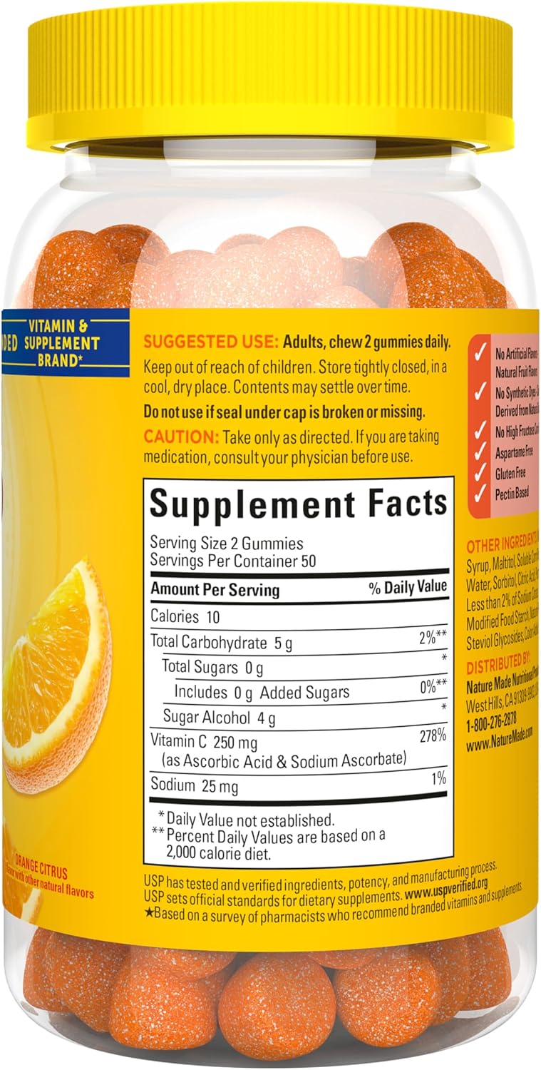 Nature Made Zero Sugar Vitamin C Gummies 250 mg Per Serving, Immune & Antioxidant Support, Aspartame Free, 100 Sugar Free Vitamin C Gummies, 50 Day Supply - Image 10