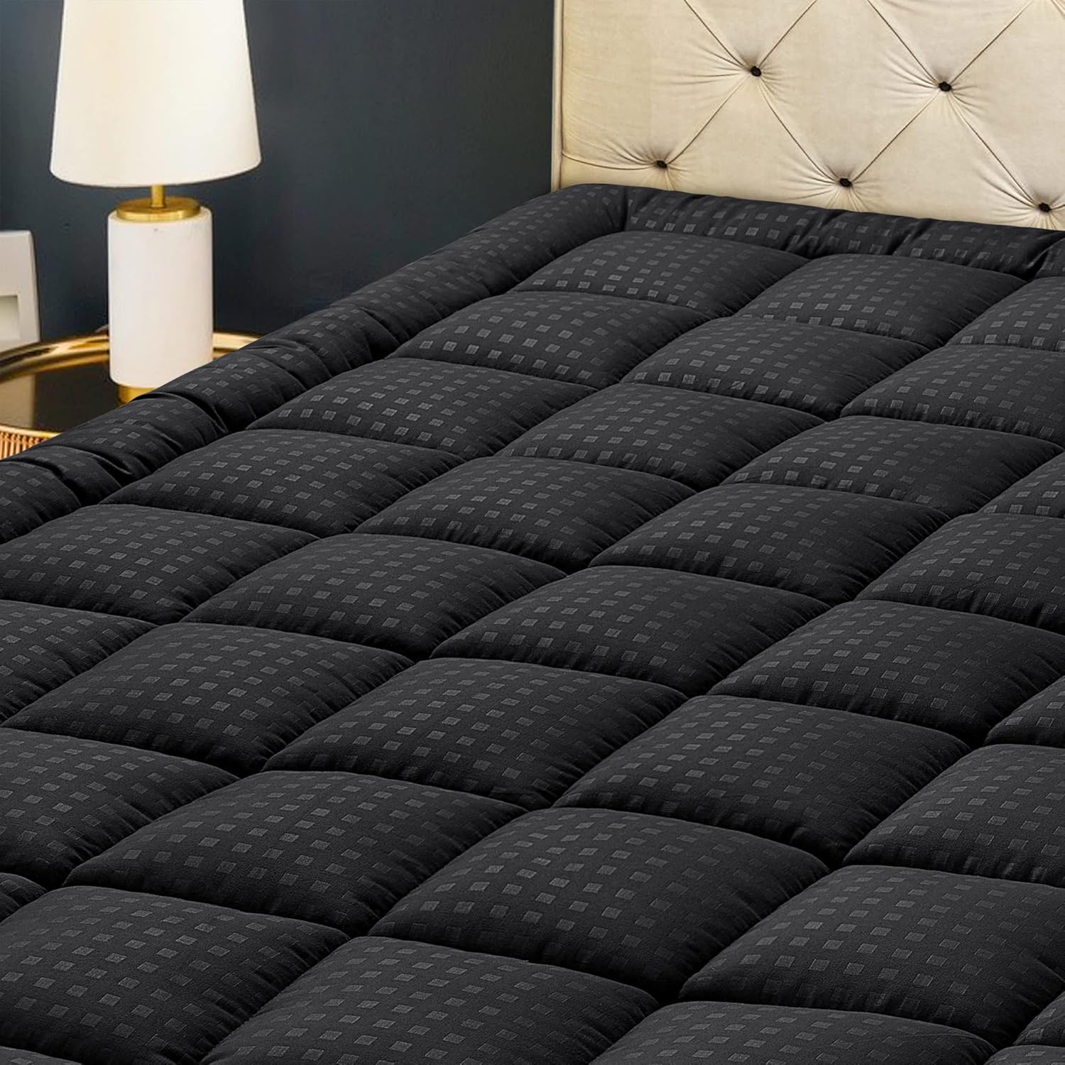 HYLEORY Queen Mattress Pad Quilted Fitted Mattress Protector Cooling Pillow Top Mattress Cover Breathable Fluffy Soft Mattress Topper with 8-21" Deep Pocket, Black - Image 2