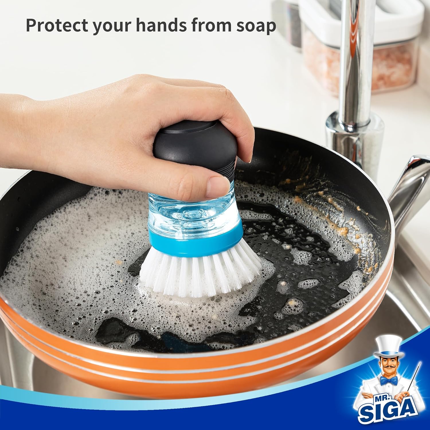 MR.SIGA Soap Dispensing Palm Brush, Kitchen Brush for Dish Pot Pan Sink Cleaning, Pack of 1, Navy/Blue - Image 6