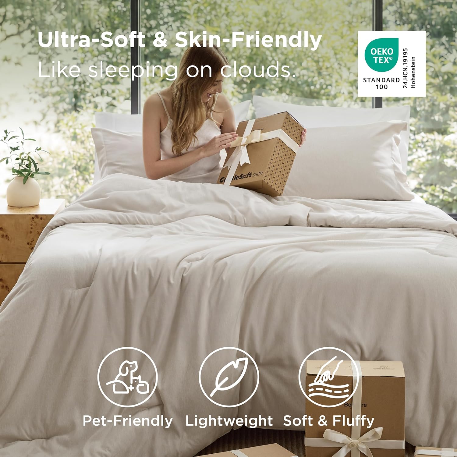 Bedsure Queen Comforter Set - Beige Soft Bedding for All Seasons, Cationic Dyed Bed Set, 3 Pieces, 1 Queen Size Comforter (90"x90") and 2 Pillow Shams (20"x26"+2") - Image 3