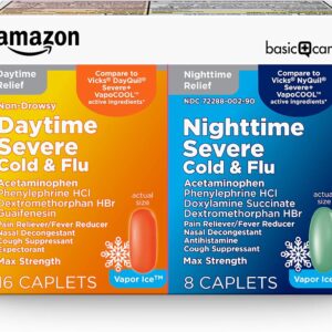 Amazon Basic Care Vapor Ice Daytime and Nighttime Severe Cold and Flu, Multi-Symptom Relief for Cough, Sore Throat, Nasal Congestion, Maximum Strength Coated Caplets, Combo Pack, 24 Count