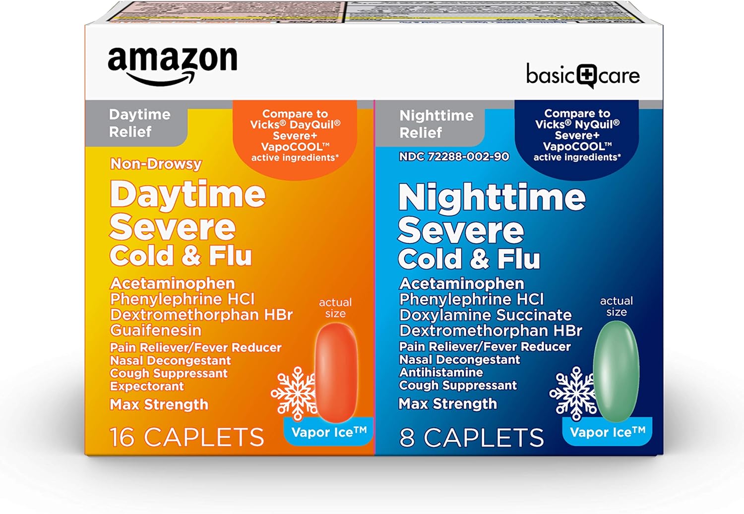 Amazon Basic Care Vapor Ice Daytime and Nighttime Severe Cold and Flu, Multi-Symptom Relief for Cough, Sore Throat, Nasal Congestion, Maximum Strength Coated Caplets, Combo Pack, 24 Count