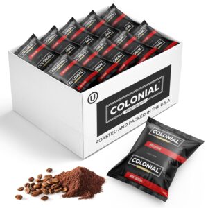 Colonial Coffee Packets, Pre Ground Coffee Packs, High Caffeine Blend, Medium – Dark Roast, Bulk Single Pot Bags for Drip Coffee Makers, (2.5 oz Bags, Pack of 100)
