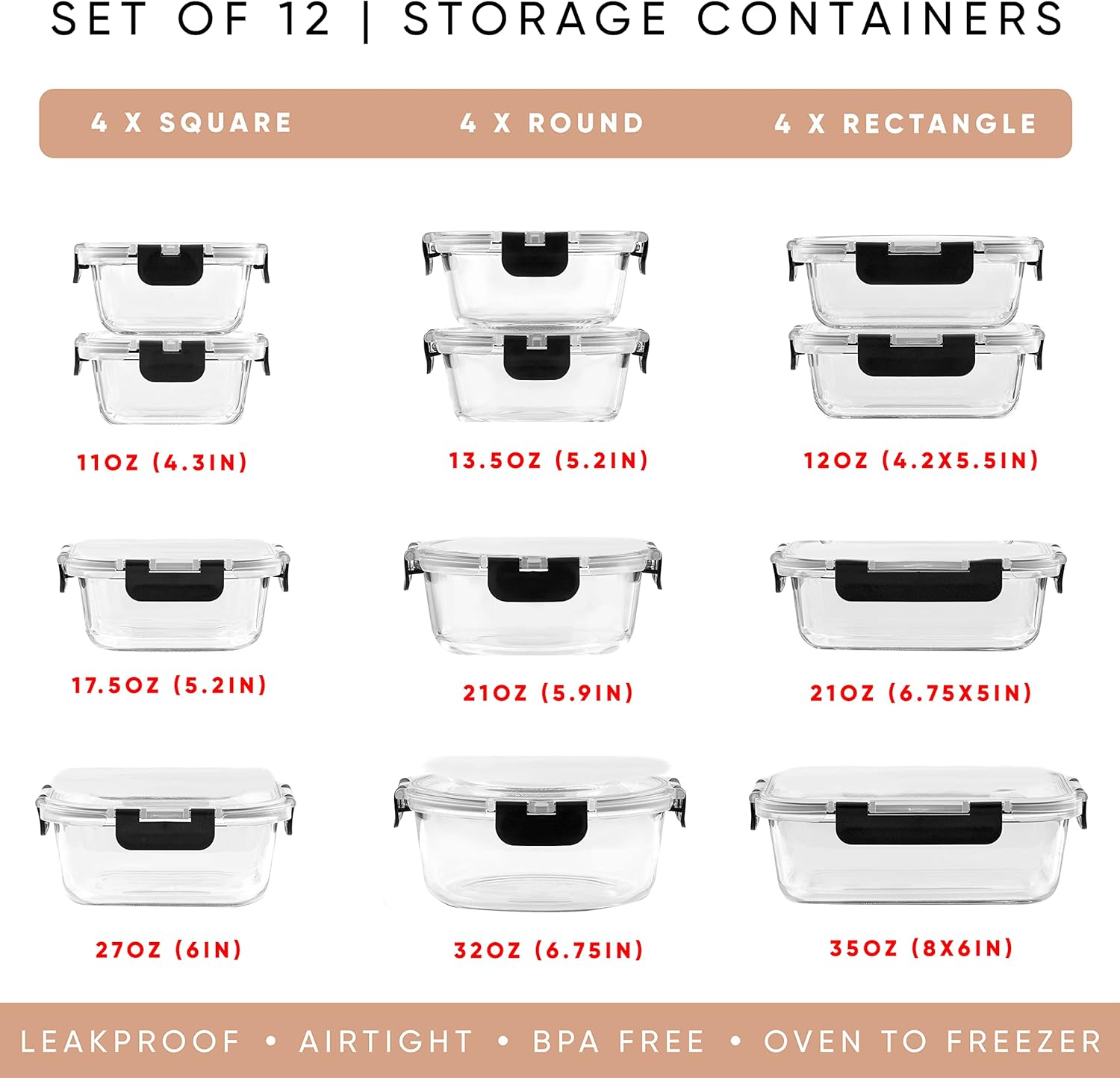 JoyJolt 24pc Borosilicate Glass Storage Containers with Lids | 12 Airtight/Freezer Safe Food Storage Containers for Pantry and Kitchen | Meal Prep Container for Lunch | Glass Tupperware Set - Image 10