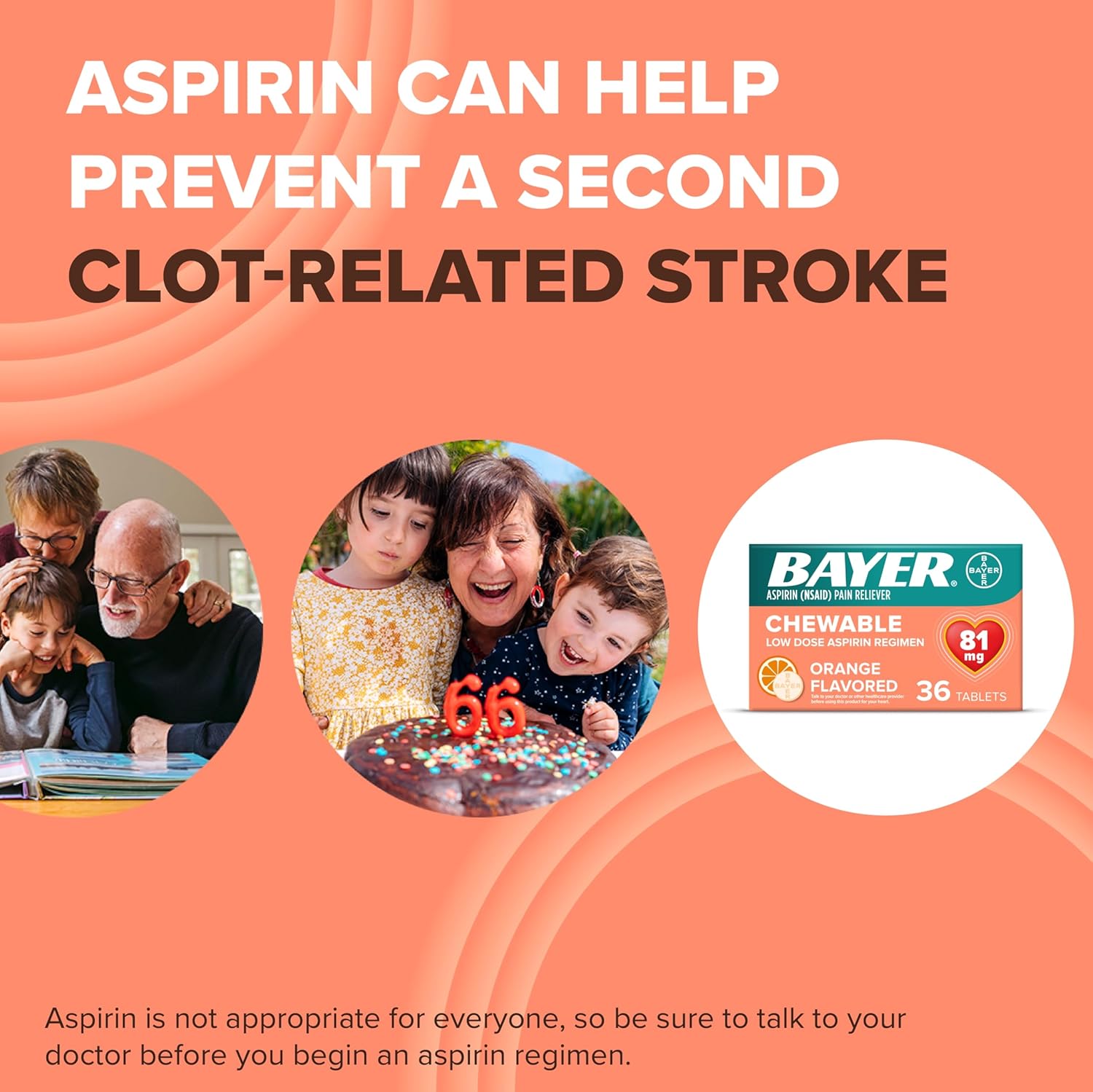 Bayer Aspirin Low Dose 81 mg Chewable Tablets, Pain Reliever, Orange Flavored, 216 Tablets (6 Pack) - Image 6