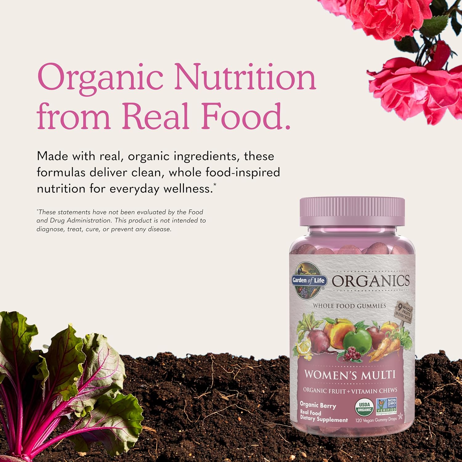 Garden of Life Organics Women's Gummy Vitamins - Berry - Certified Organic, Non-GMO, Vegan, Kosher Complete Multi - Methyl B12, C & D3 - Gluten, Soy & Dairy Free, 120 Real Fruit Gummies - Image 7