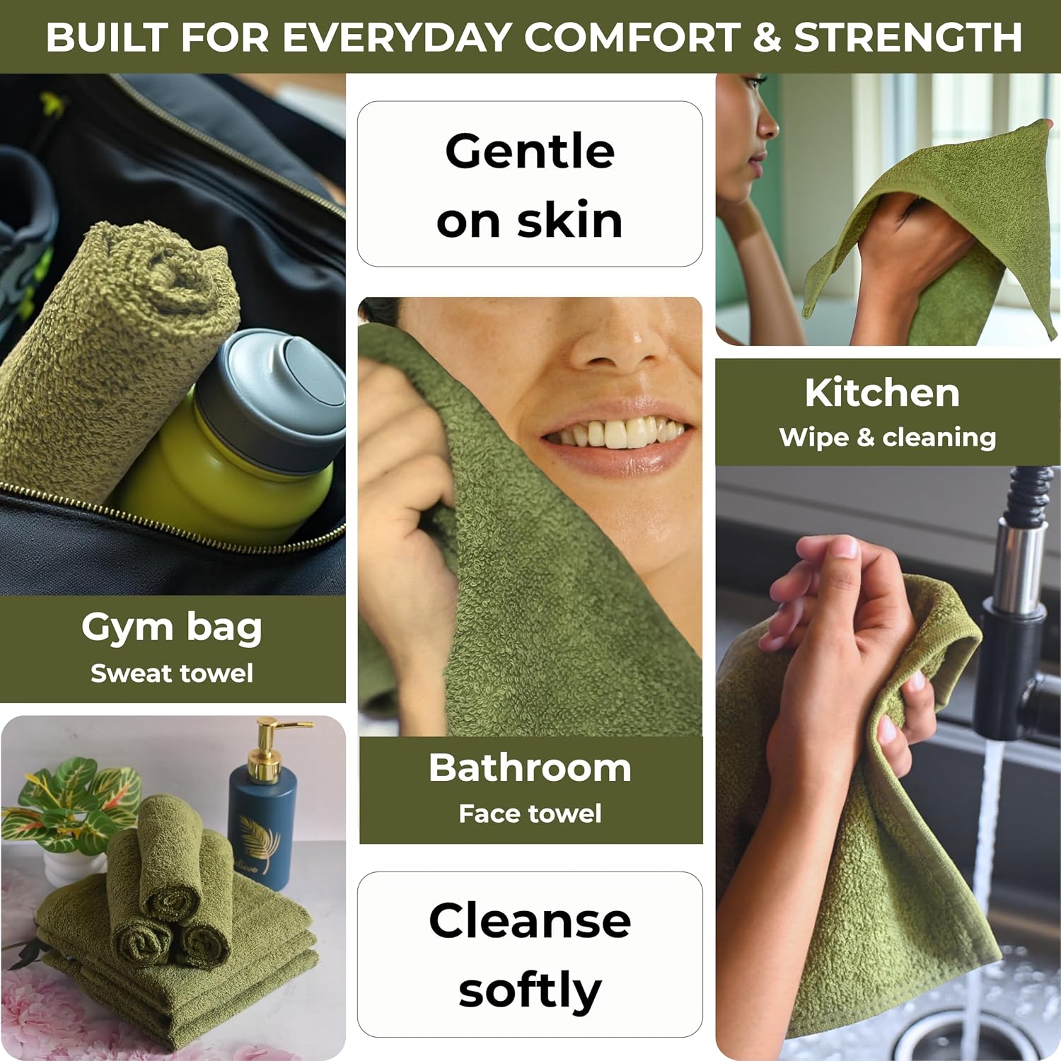 Sage Green 100% Cotton Wash Cloths for Showering Body and Face - 12"X12" 6 Pack Washcloths - Small Terry Towel Bath Rags for Adults and Kids Bathroom - Soft Absorbent - Image 7