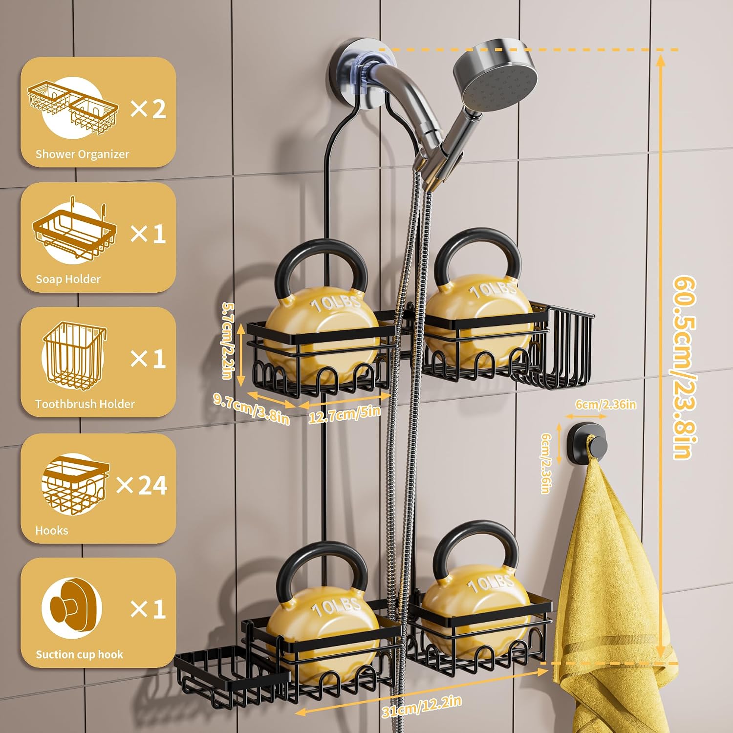 DAOYA Shower Caddy Hanging - Shower Caddy for Handheld Shower Heads with Soap holder, Toothbrush Holder & Suction Hook, Universal 0.82-inch Fit with Non-Slip Rubber Pad, Black - Image 4