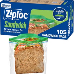 Ziploc Sandwich and Snack Bags with EasyGuide Texture, Plastic Storage Bags with Grip ‘n Seal Technology, 105 Bags Total