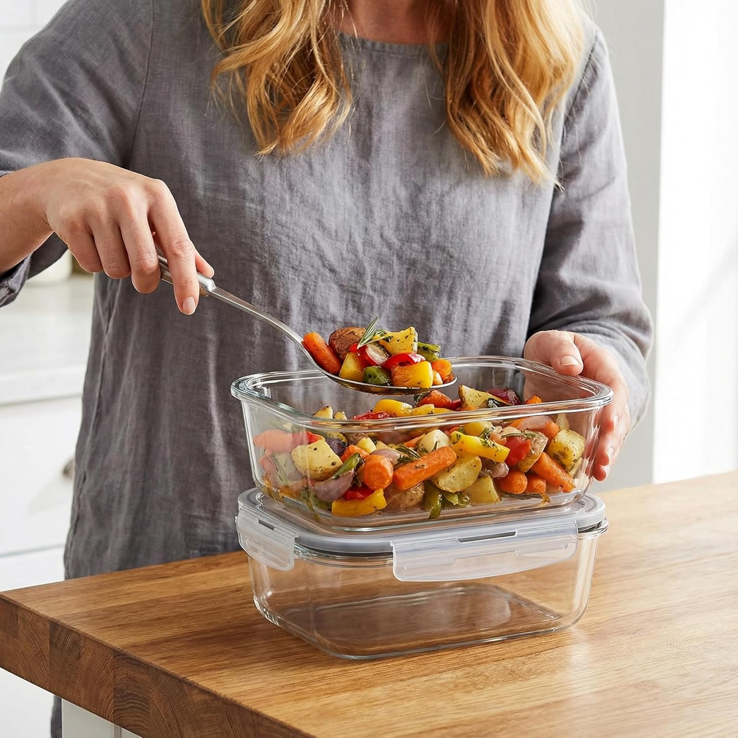 2 Pack 63oz Large Glass Storage Containers with Lids Big Meal Prep Food Container Set for Storing food, vegetables or fruits, BPA Free, Freezer Dishwasher Oven Safe (gray) - Image 8