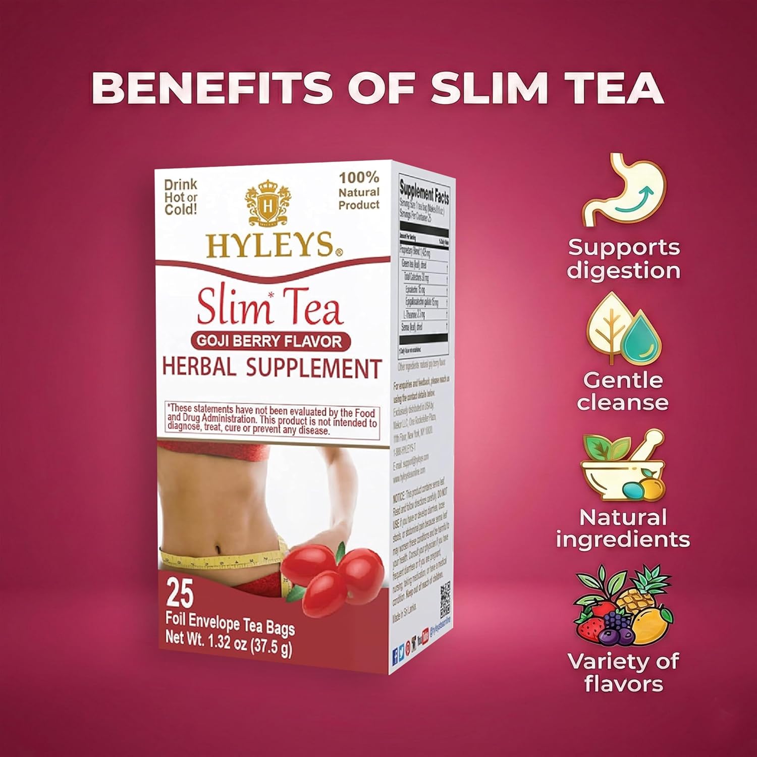 HYLEYS Slim Tea Goji Berry Flavor - Weight Loss Herbal Supplement Cleanse and Detox - 25 Tea Bags (1 Pack) - Image 5