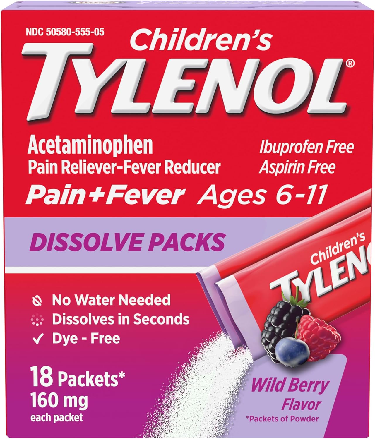 Children's Tylenol Dissolve Packs with 160 mg Acetaminophen Pain Reliever & Fever Reducer, Kids' Powder Packets for Cold & Flu Symptom Relief, Ibuprofen- & Dye-Free, Wild Berry, 18 ct - Image 2