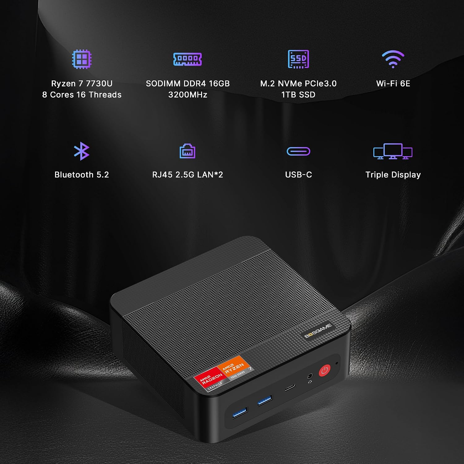 BOSGAME P4 Ultra Mini PC, AMD Ryzen 7 7730U (up to 4.5GHz), 16GB DDR4, 1TB PCIe SSD Mini Desktop Computer, Dual LAN 2.5G & Wi-Fi 6E & BT5.2, 4K Triple Display, for Home, Office, Gaming - Image 3