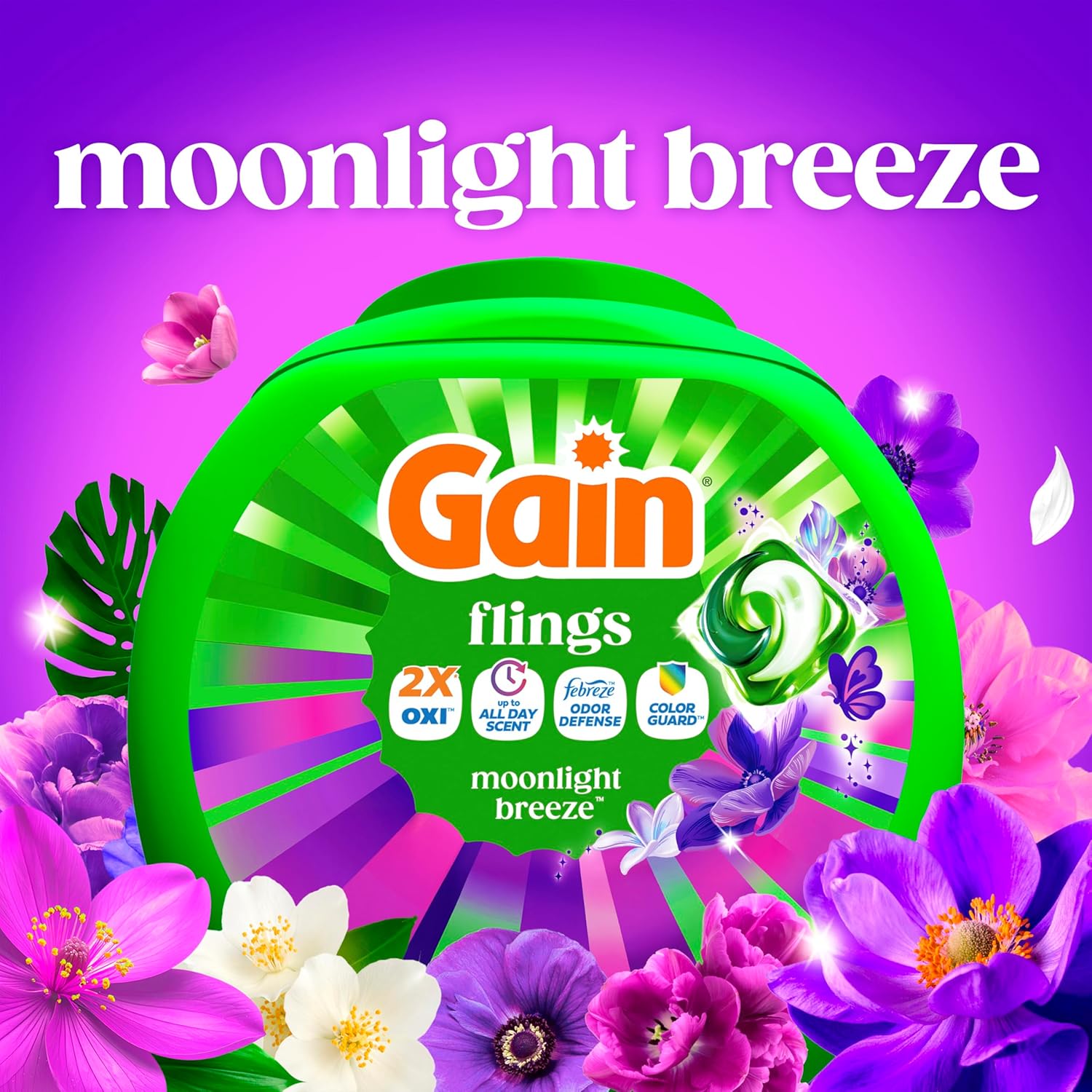 Gain Flings Laundry Detergent Pods Odor Defense + Color Guard, Moonlight Breeze Scent, 3 in 1 HE Detergent Pacs with Oxi Boost and Febreeze, 112 Count (Packaging May Vary) - Image 6