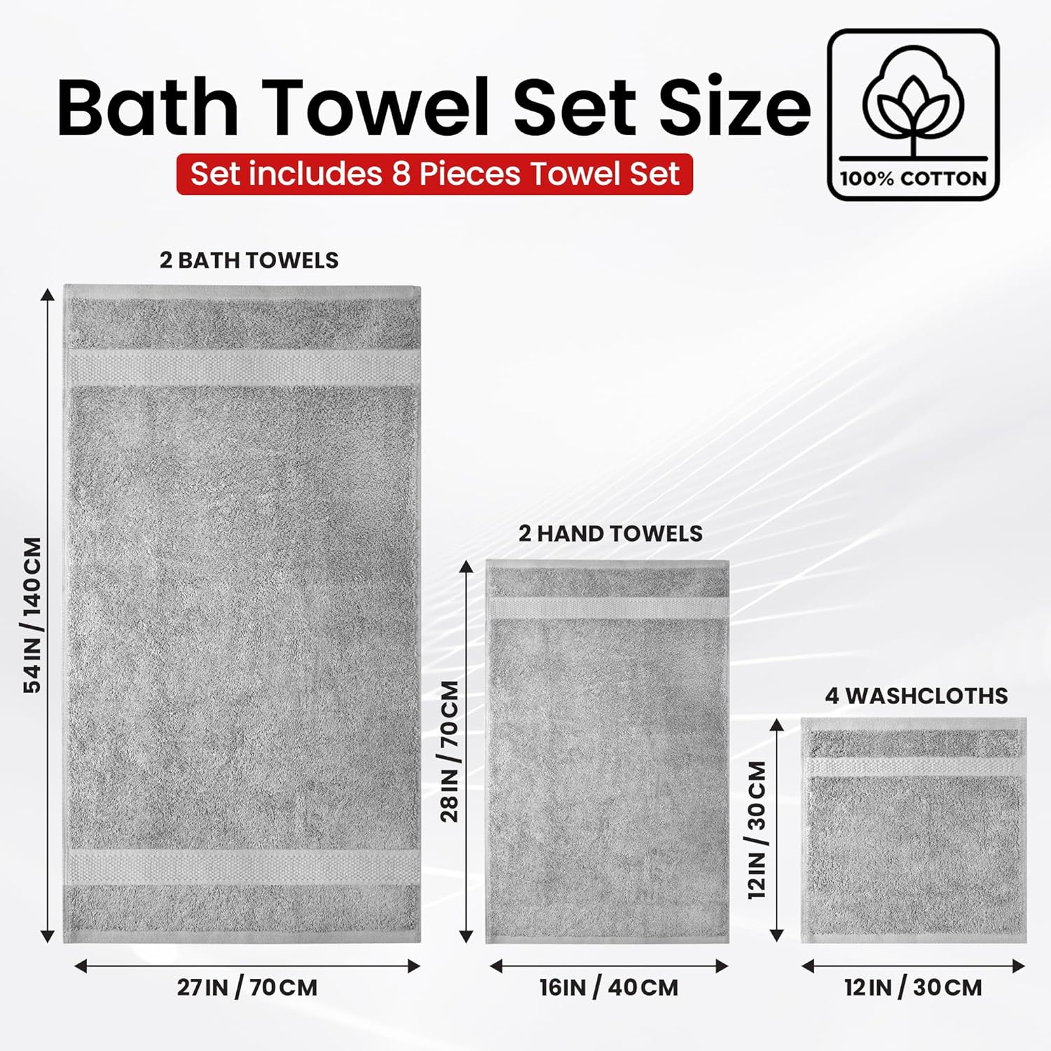 Infinitee Xclusives Luxury 100% Cotton Towel Set – 8 Piece Bathroom Towel Set (2 Bath Towels, 2 Hand Towels, 4 Washcloths) – Soft & Absorbent Towels for Bathroom (Charming Grey) - Image 3