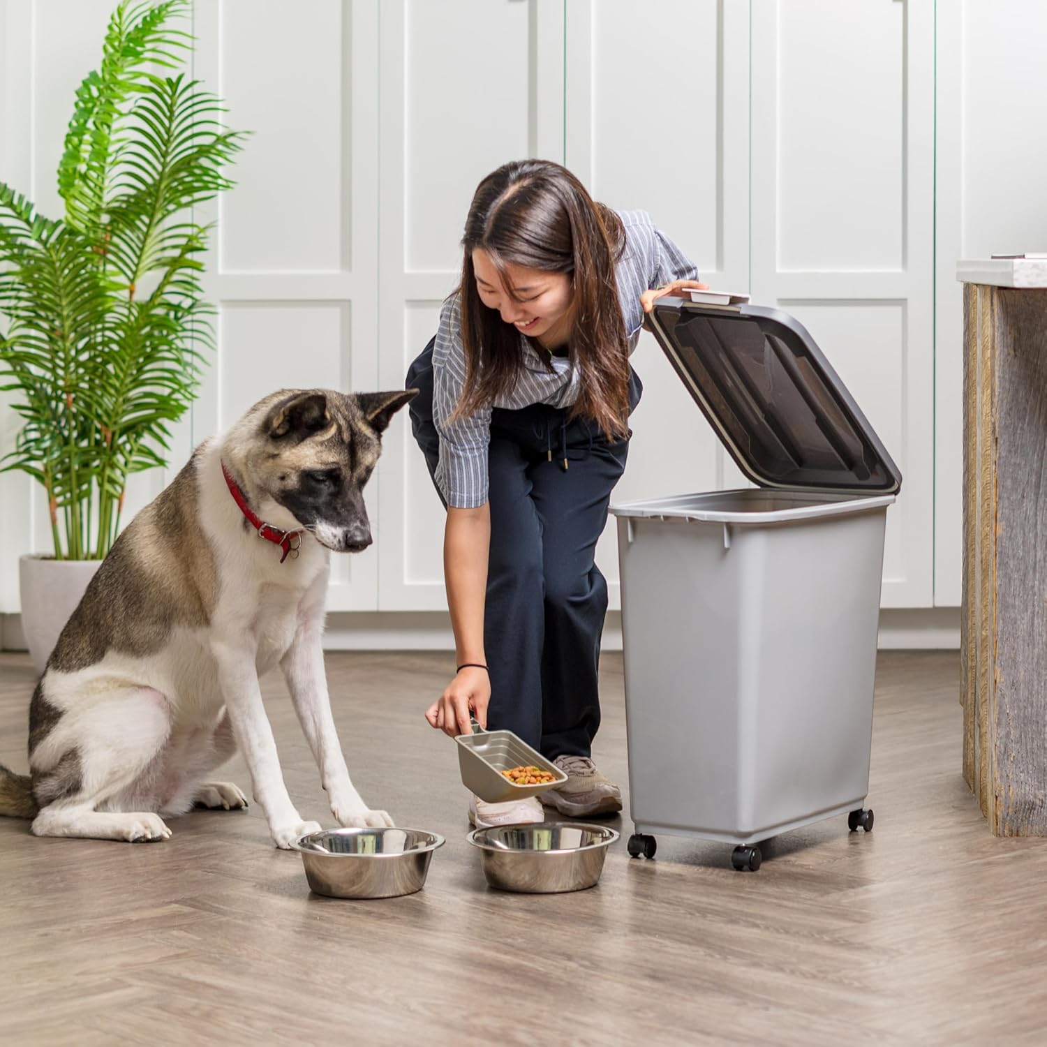 IRIS USA Dog Food Storage Container with Wheels, Airtight Lid, 2-Cup Scoop, Up to 40 Pounds Pet Food Storage, Built in Scoop Storage in Lid, Versatile Pet Food Bin, Portable, BPA Free, Gray/Dark Gray - Image 7