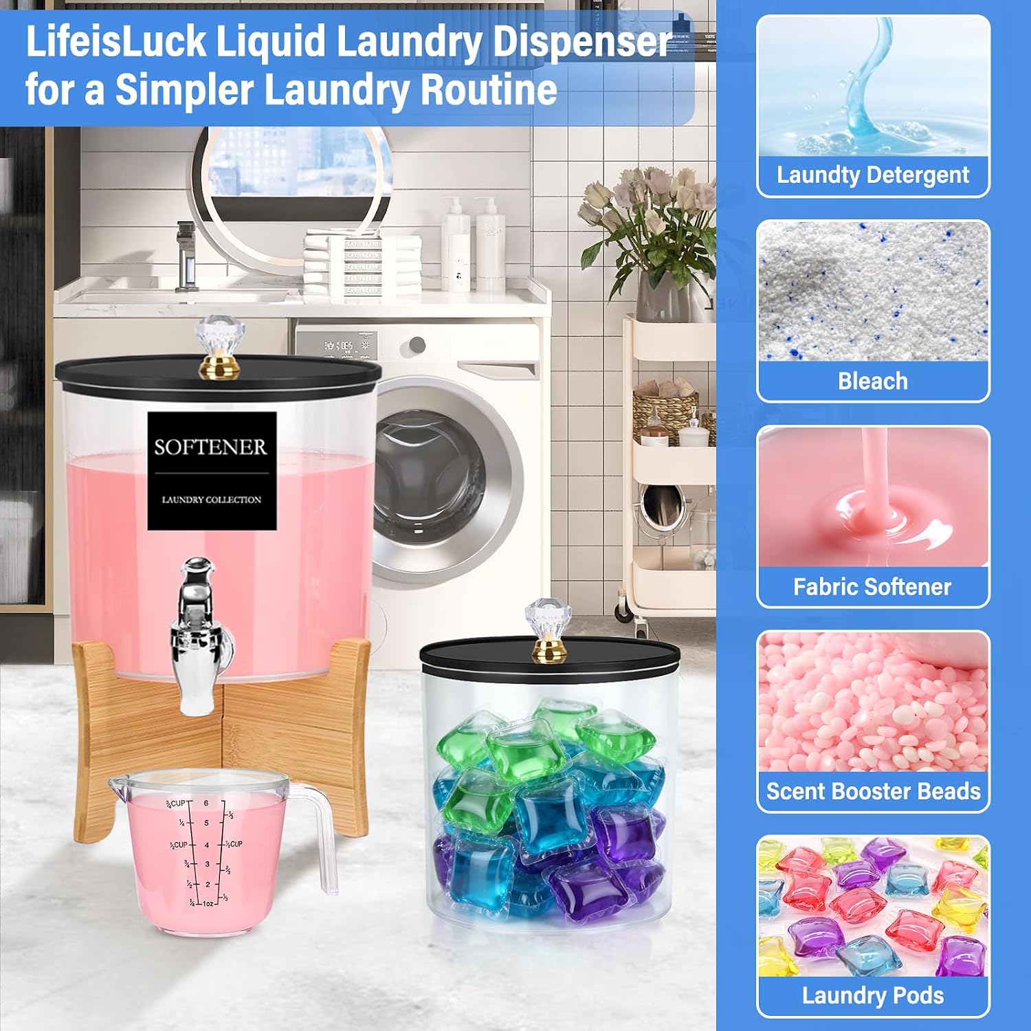 Laundry Detergent Dispenser Set 2 Pack Large & Small Liquid Laundry Soap Dispensers with Bamboo Stands Acrylic Laundry Detergent Containers Total Capacity About 1.25 Gallons Laundry Room Organization - Image 7