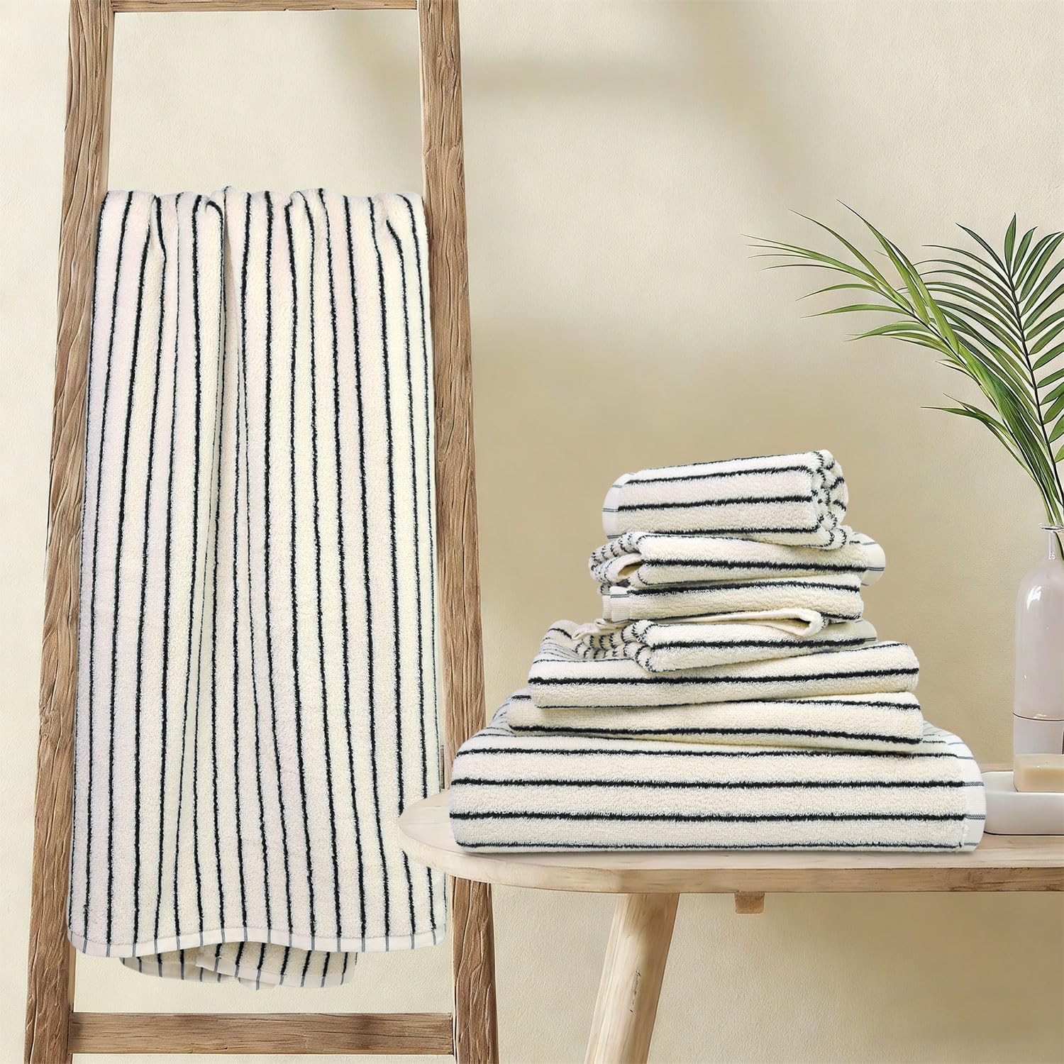 Jacquotha 8 Piece Black and Ivory Towel Set, Super Soft & Absorbent Cotton Striped Towels for Bathroom Decor, 2 Bath, 2 Hand, 4 Washcloths - Image 8