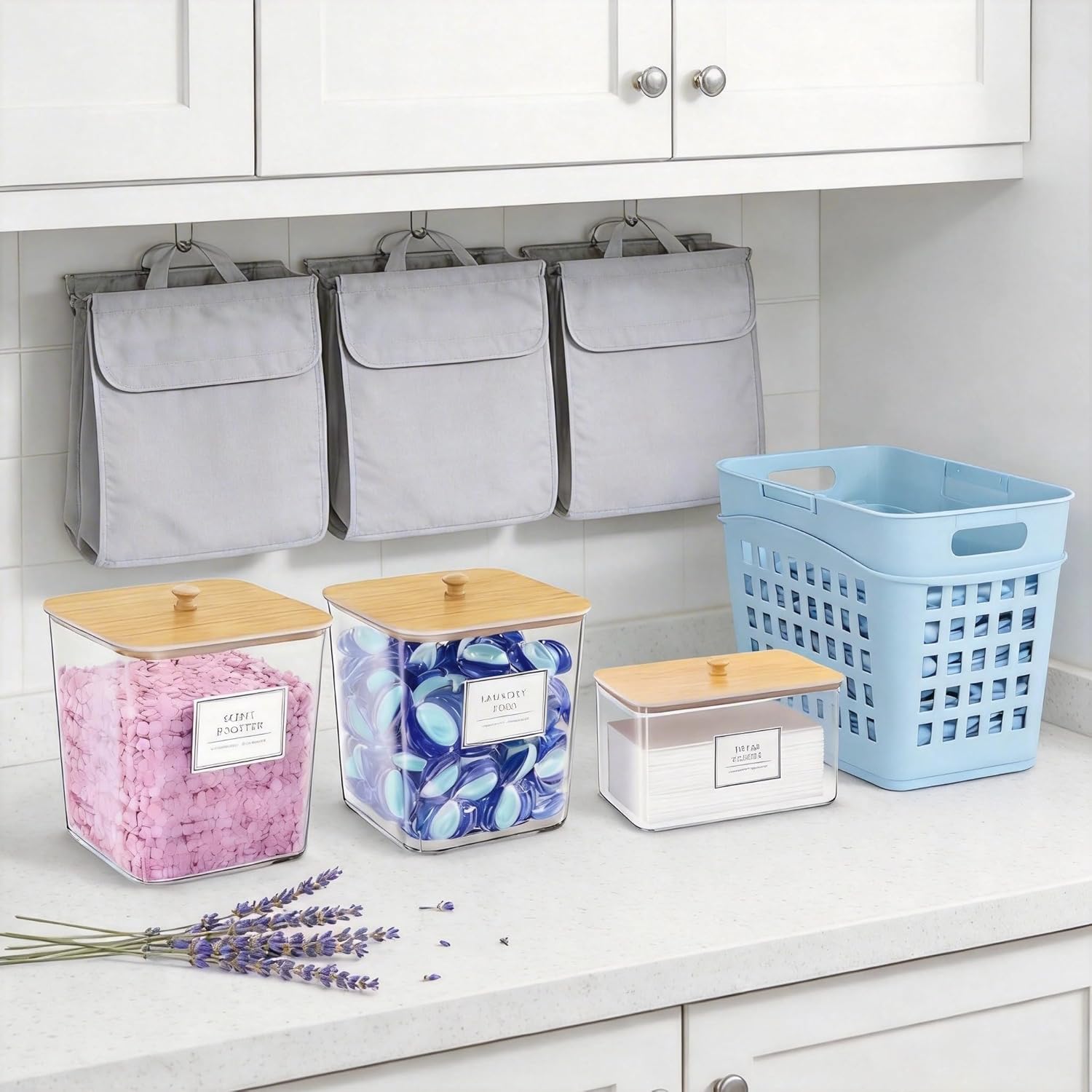 FUSHITON Laundry Pods Storage Container, 3+1 Clear Storage Bins with Bamboo Lids for Detergent Pods, Scent Beads & Dryer Sheets, Includes 16 Labels and 3 Measuring Scoops - Image 9