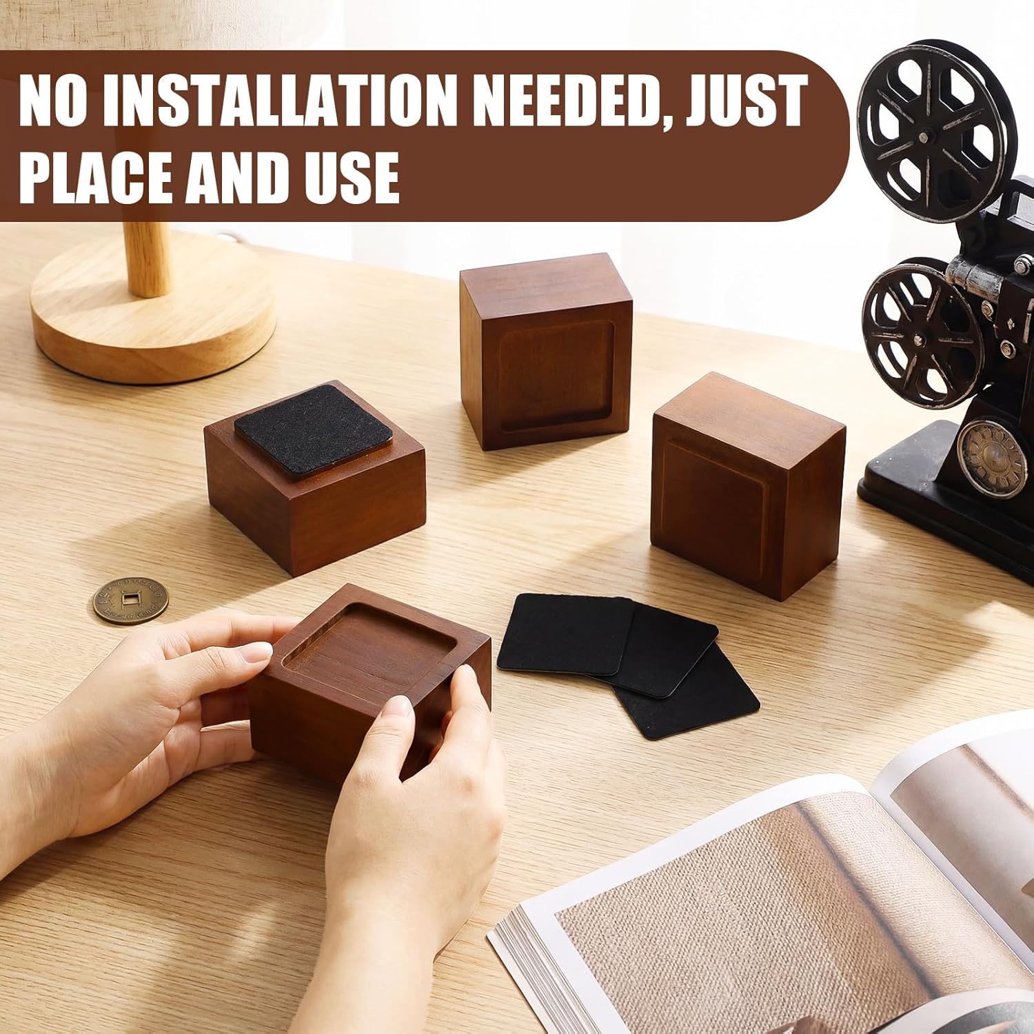 4 Pack Bed Risers Solid Wood Furniture Risers Lifts Height Adjustable from 1" to 4" Non-Slip Recessed Hole with 8 Anti-Slip Mats for Bed Furniture Sofa Chair Table (Height 2",Walnut) - Image 5