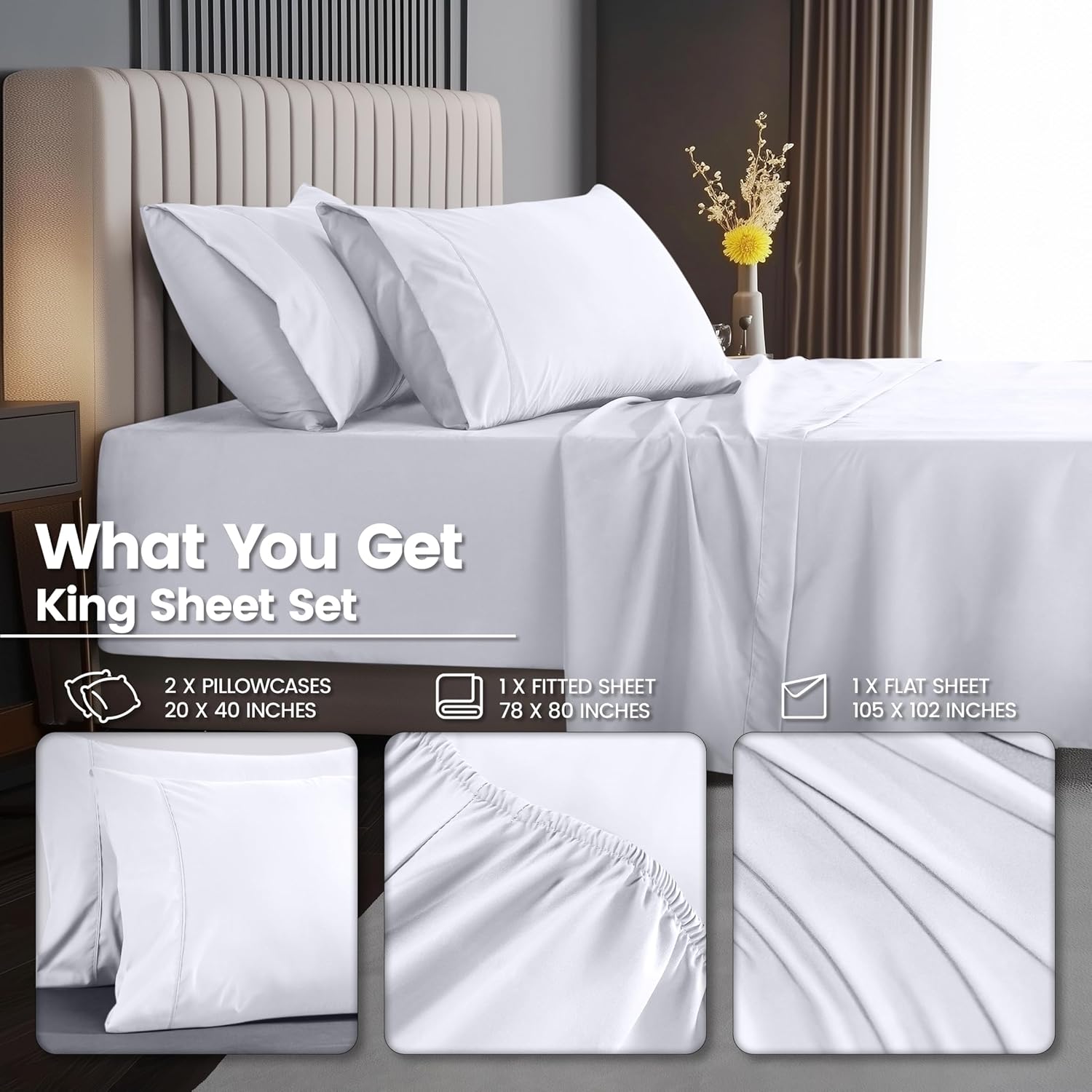 Utopia Bedding King Size Extra Deep Pocket Sheet Set – Fits Mattresses Up to 21 inches – Cooling, Soft & Breathable – Oeko-Tex 4 Piece Bed Sheets (White) - Image 4