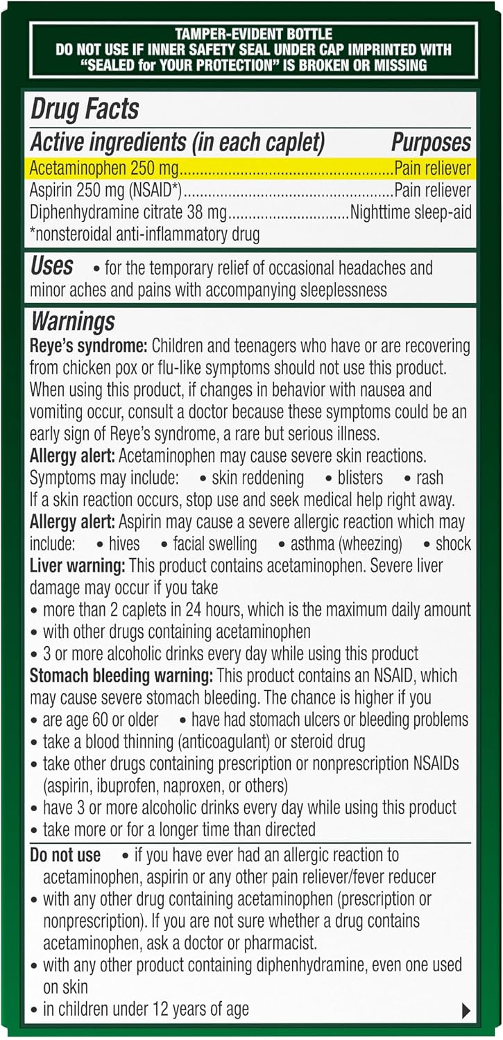 Excedrin PM for Headache Relief, Acetaminophen 250mg, Aspirin 250mg, Diphenhydramine Citrate 38mg, Pain Reliever, Nighttime Sleep-Aid, 100 Count - Image 10